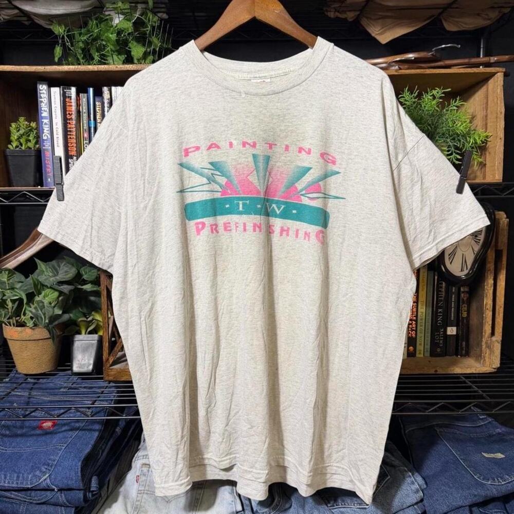 Vintage 90s Painting Tee Gray Pink Blue Paint Splattered Distressed Shirt 2XL